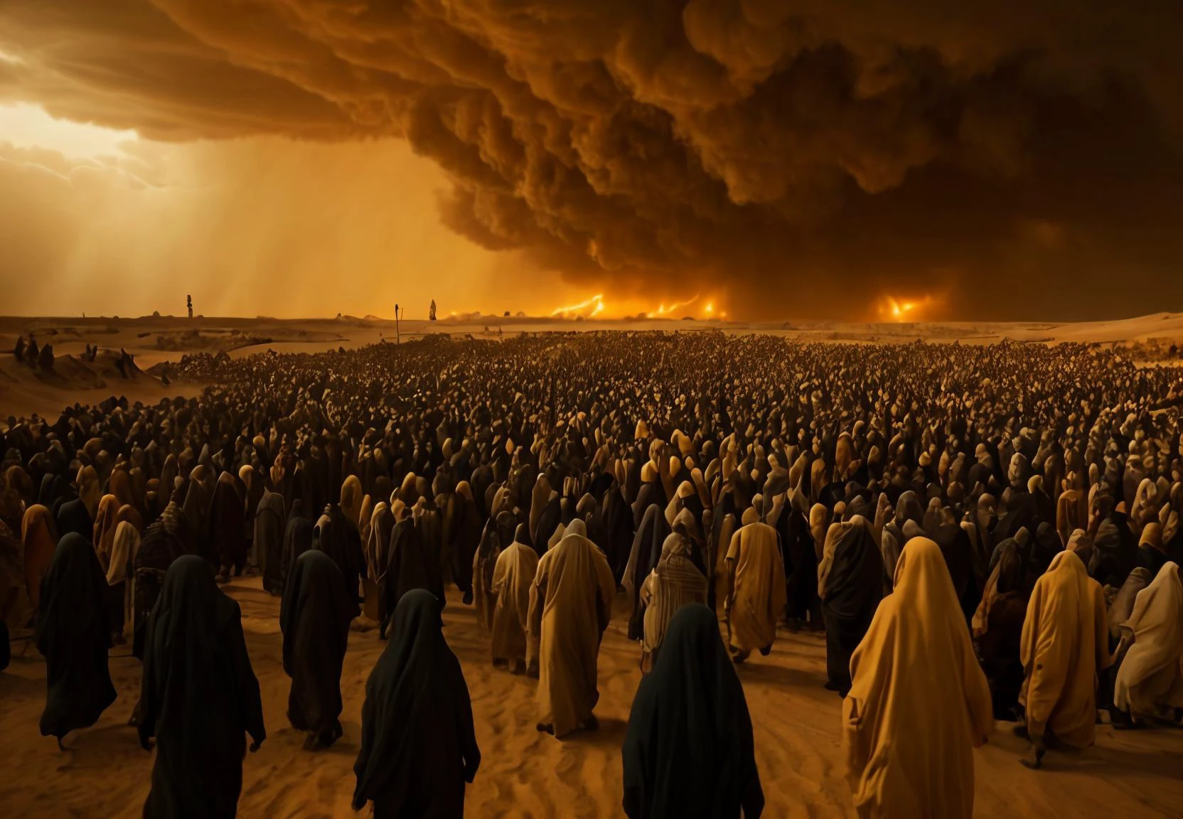 cinematic still, big crowd of muslims with most in a desert all looking towards a storm heading there way, orange and black are the main colours