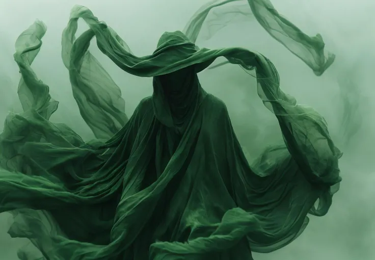 A mysterious figure, cloaked in a flowing green garment, stands in the midst of a swirling, ethereal fog. The figure's face is hidden behind a black mask, adding to the enigmatic allure. The green fabric of the cloak and hat billows around them, blending seamlessly with the fog, creating a sense of unity with nature. The background is a soft, muted green, enhancing the mystical atmosphere. The image captures a moment of quiet introspection, as the figure seems to be lost in thought amidst the foggy landscape.