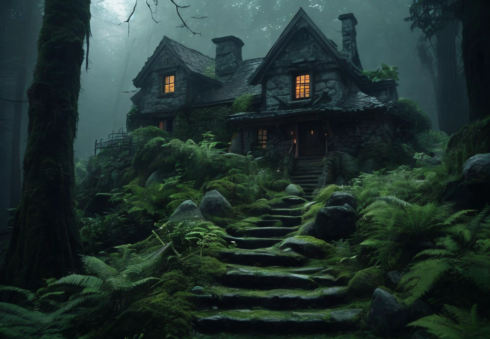 cinematic film still, Climb the stairs to the mystical cottage that sprouted on a rock. It sits in the forest surrounded by enchantment. detailed environment, magical lighting. Rustic. Atmospheric. Moody. Dark. Eerie. Misty. Mossy. Ferns. Surreal Harmony