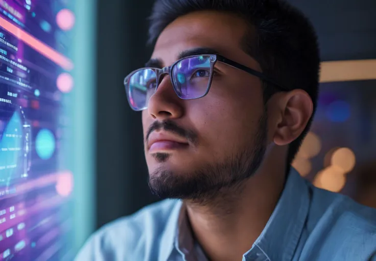 Medium Shot of a realistic young latin Dilan studying in his office, making interaction with an AI,siri, human real face, background AI tech digital, sustainable, aura white, purple, orange, blue