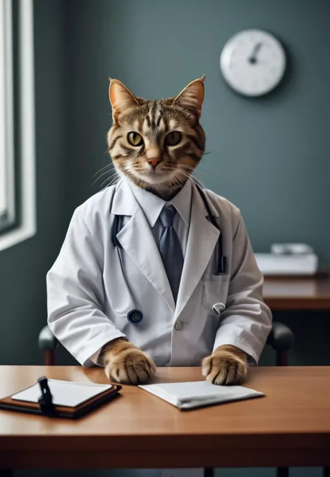 a cat in a doctor's coat sitting on a table in a room with a chair and a desk, Dr. Atl, professional photo, portrait, a stock photo, neoplasticism