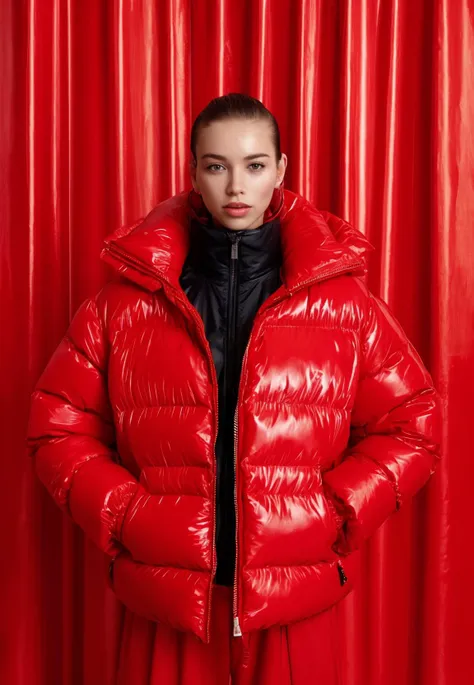 A young Hutmanilla with a side-swept hairstyle, wearing a bright red, shiny puffer jacket with a high collar. She stands confidently with her arms slightly outstretched, against a backdrop of vibrant red curtains.