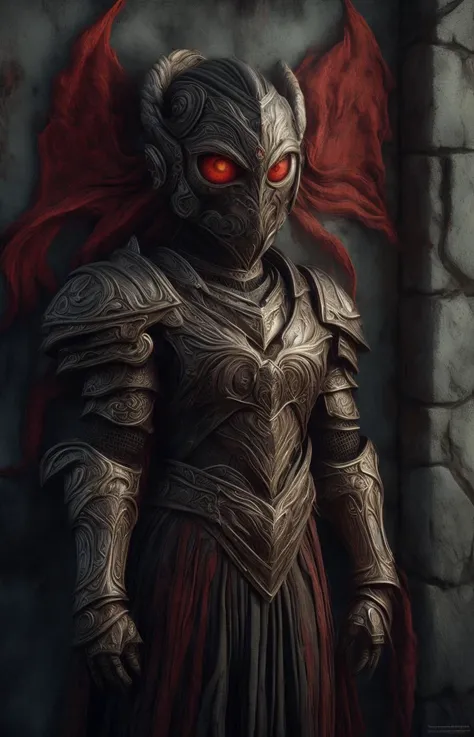 a girl ,young, Gideon Stoneheart - A stoic dwarven paladin clad in engraved, stone-like armor, and wielding a massive warhammer. with perfect face, young and slender, dark red outfit, piercing eyes looking stright at her from walls, eye within walls <lora:add_detail:0.67>with visable trhought veil on face and horns in horror scenery, dark mansion, smile, masterpiece, 8k, perfect quality , realistic, blood on walls, ultraclear <lora:ManyEyedHorrorAI:0.59> ManyEyedHorrorAI wall full of eyes, detailed <hypernet:slimModelsV1_slimmodelsV1:0.65>
