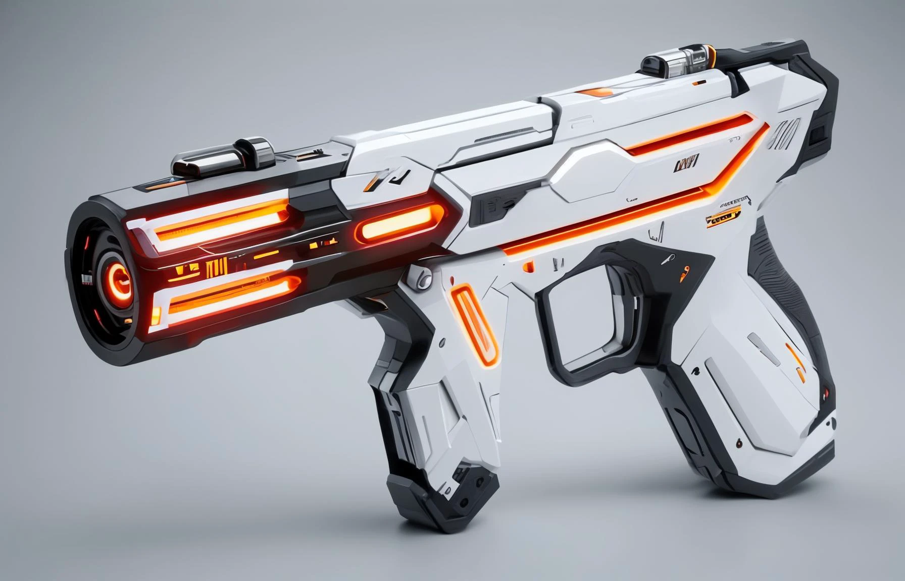 a futuristic, sleek weapon with glowing elements. The weapon is predominantly white with black and metallic accents. There are orange glowing elements on the side and bottom of the weapon, giving it an energized look. The muzzle of the weapon has intricate designs and appears advanced. The handle is ergonomic with contours for grip.