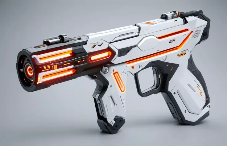 a futuristic, sleek weapon with glowing elements. The weapon is predominantly white with black and metallic accents. There are orange glowing elements on the side and bottom of the weapon, giving it an energized look. The muzzle of the weapon has intricate designs and appears advanced. The handle is ergonomic with contours for grip.