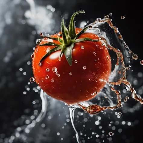 professional photo of one tomato, spray of water, backlight