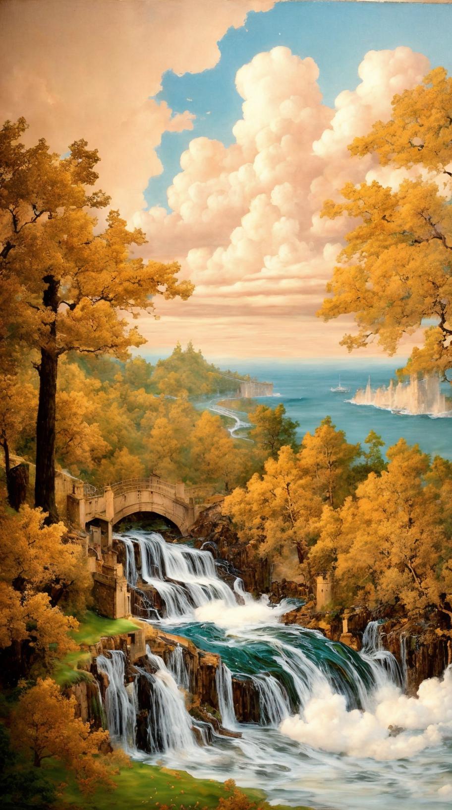 Painting of a waterfall with a bridge and a boat in the water - SeaArt AI