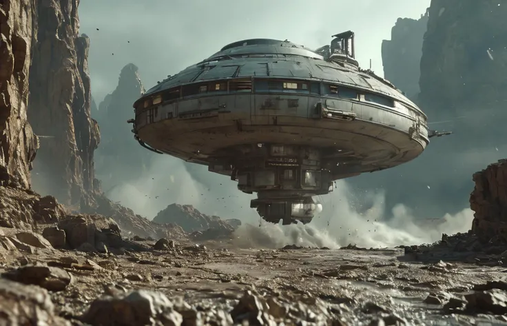 extreme long shot camera cinematic view, a house converted into a space ship is launching from it's foundation for the first time, the launch from the foundation is in progress as the ship lifts off with it's innovative engines and motors, it's a personal arc to survive the coming flood, extreme material variation and specular contrast, overlay of heavy ambient occlusion, burnished and chipped surfaces, , feature film visual fx and photorealism, value extrusion and displacement, specular breakup and contrast, heavy ambient occlusion overlay, parallax depth, rim lighting, cinematic lighting, caustics, moody lighting and backlit, heavy atmospherics, water caustics, contrasty shadow and light, severe weather, imax quality visuals, ilm, weta digital, multi-sample antialiasing, 32 uhd