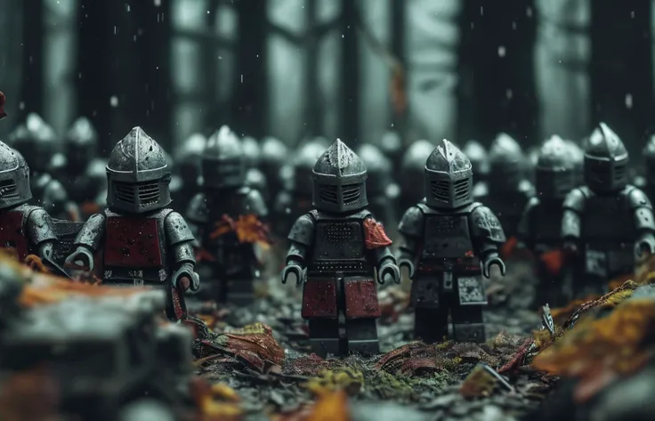 a medieval grunge scene with a group of armored lego warriors in a dark, fog-laden forest, embodying the raw intensity and ruggedness of the era