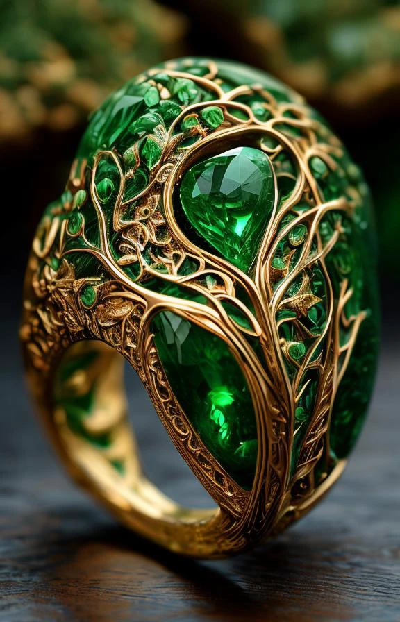 Hewn from the heartwood of an ancient emerald-hued tree, the ring showcases intricate leaf patterns inlaid with gold. This unique design conceals a tiny compartment within the band, capable of sprouting a miniature plant at the wearer's will. masterpiece, 8k, perfect quality , realistic,ultraclear detailed , detailed background <lora:add_detail:0.7>