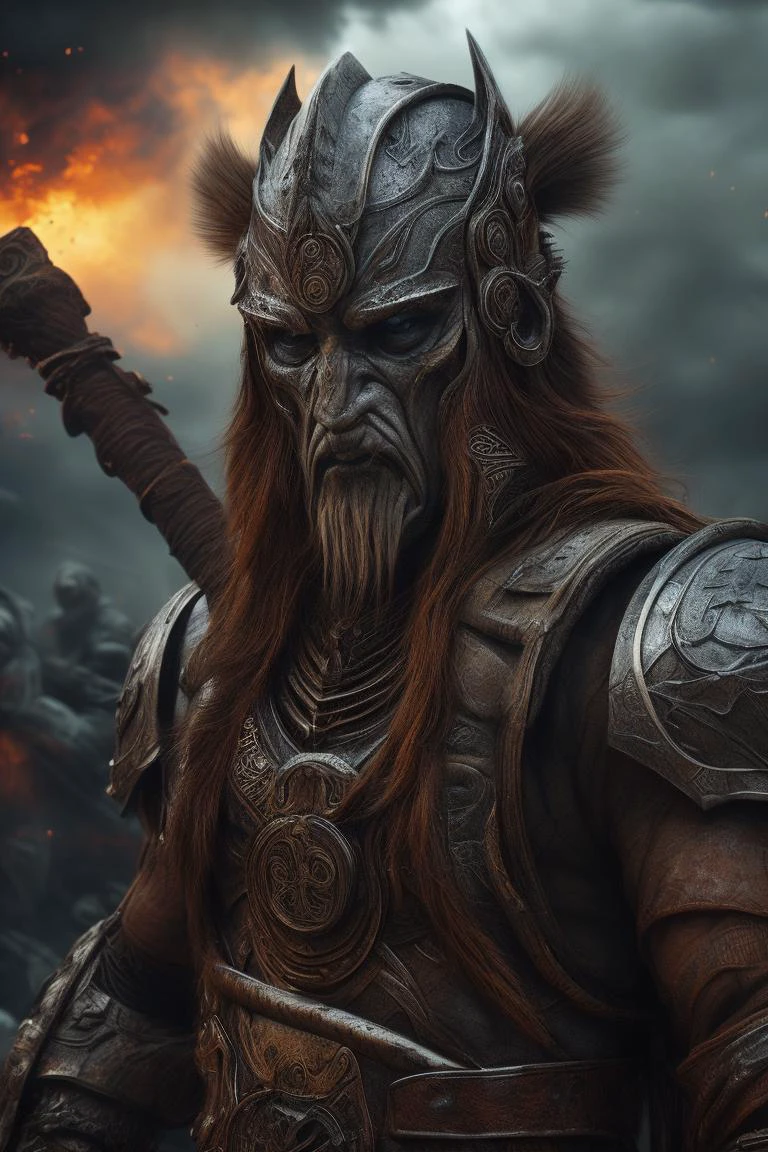 a girl ,Gunnar Thunderhorn (Berserker - Male): Gunnar is a fearsome and relentless berserker, with a mane of wild brown hair and intense gray eyes that burn with determination. He wears a combination of heavy iron and fur armor, adorned with tribal markings that represent his connection to the earth and the strength of his ancestors. Gunnar's gauntlets are forged from the horns of a mighty creature, symbolizing his triumph over legendary foes. He wields a colossal war hammer, its head carved with ancient runes, capable of crushing his enemies with a single swing. Gunnar's unwavering resolve and his indomitable spirit make him a terrifying sight on the battlefield. with perfect face, young and slender, <lora:add_detail:0.67> w, masterpiece, 8k, perfect quality , realistic,ultraclear detailed <hypernet:slimModelsV1_slimmodelsV1:0.65>, skin details, realistic face, detailed eyes, detailed background