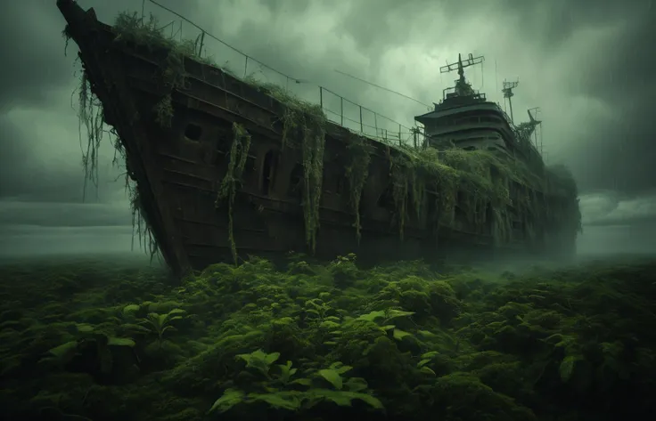 a large, abandoned shipwreck overgrown with greenery sitting ominously under a stormy sky. The atmosphere is eerie and haunting, grunge style