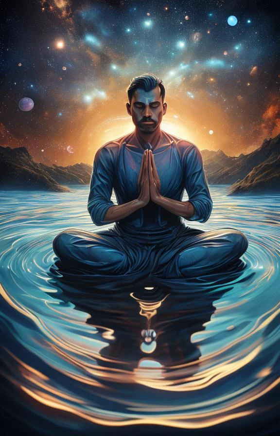 A surreal and mesmerizing illustration of a transparent man meditating atop a shimmering pool of water. Beneath him, his reflection is clearly visible, with ripples spreading out in intricate patterns. The milky way serves as an ethereal backdrop, with the night sky filled with twinkling stars. The overall atmosphere of the image is serene and spiritual, with a touch of celestial wonder., illustration, poster