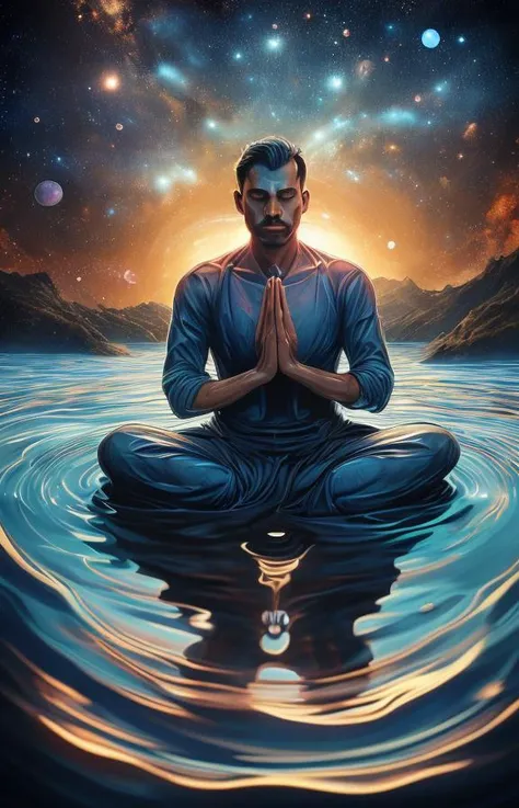 A surreal and mesmerizing illustration of a transparent man meditating atop a shimmering pool of water. Beneath him, his reflection is clearly visible, with ripples spreading out in intricate patterns. The milky way serves as an ethereal backdrop, with the night sky filled with twinkling stars. The overall atmosphere of the image is serene and spiritual, with a touch of celestial wonder., illustration, poster