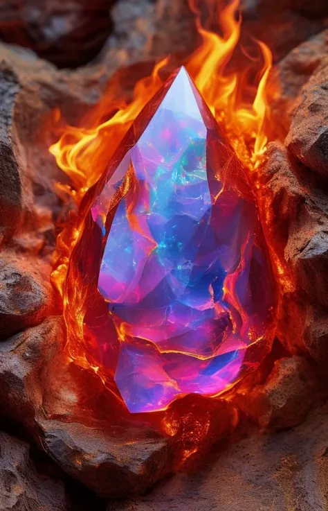 Fire Opal: A vibrant gem with fiery red, orange, and yellow colors resembling the flames of a fire. masterpiece, 8k, perfect quality , realistic,ultraclear detailed , detailed background <lora:add_detail:0.7>