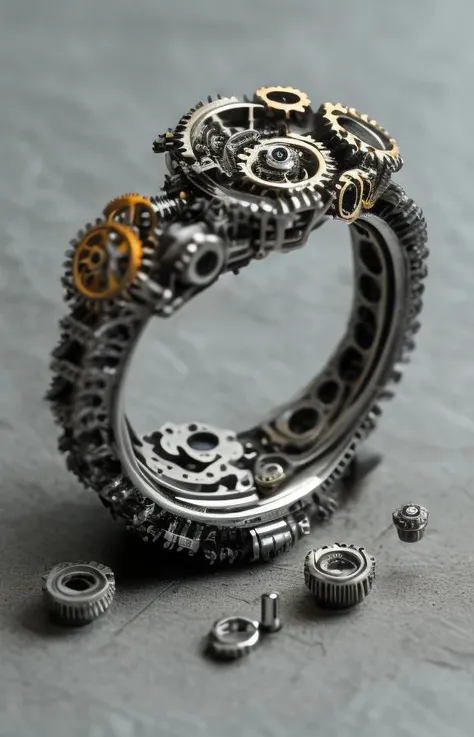 "Gnomic Ingenuity": A curious ring featuring interlocking gears and miniature clockwork components, crafted in the style of the ingenious gnomish inventors. Enhances the wearer's problem-solving skills and allows them to repair and improve mechanical devices more efficiently. masterpiece, 8k, perfect quality , realistic,ultraclear detailed , detailed background <lora:add_detail:0.7>