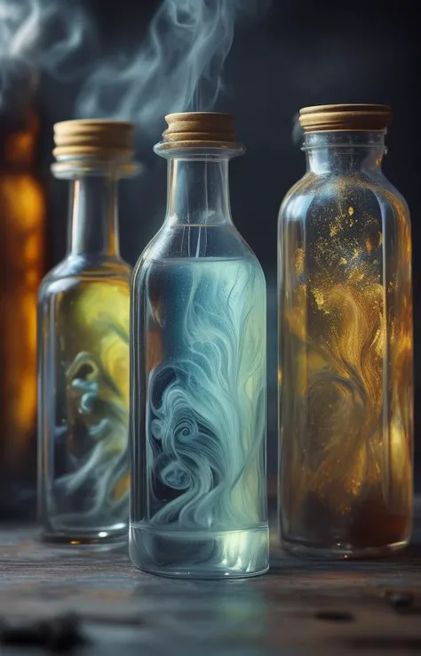 Spiritwalk Brew - An ethereal, translucent potion that appears to be a swirling mist captured in a bottle.   masterpiece, 8k, perfect quality , realistic,ultraclear  detailed , detailed background   <lora:add_detail:0.7>