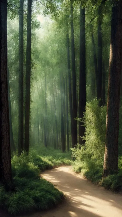 ((art by Camille Walal )) Ancient Forest of Echoes is a mystical and untamed expanse of nature, teeming with hidden wonders and sinister secrets. This dense, evergreen forest stretches far and wide, its boundaries marked only by the shifting sands of time. landscabe, background ,8k, ultrasharp, ultradetailed, perfect quality, masterpiece, intricated details, ultra clear, <lora:add_detail:0.7>, <hypernet:sxzBloom_sxzBloom:0.3>, vivid colors wallpaper