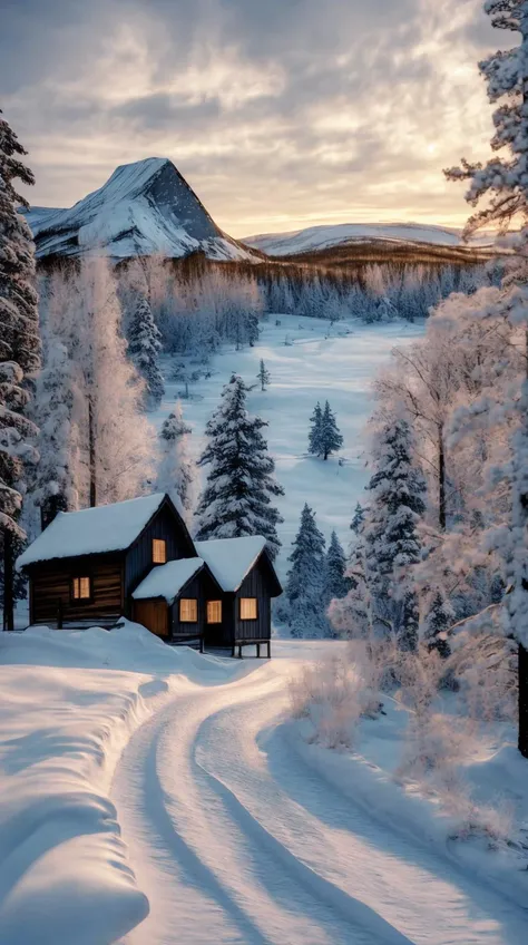 ((art by Christopher Balaskas  ))  Nordic Village in the Gloaming: A quaint Nordic village embraced by the fading light of the setting sun. The timbered houses with steep-pitched roofs are adorned with intricate carvings, reflecting the tales of ancient sagas. The tranquil landscape is dotted with frosted pines, their branches laden with a fresh blanket of snow, and the distant silhouette of rugged mountains painted in shades of twilight blue.  landscabe, background ,8k, ultrasharp, ultradetailed, perfect quality, masterpiece, intricated details, ultra clear,  <lora:add_detail:0.7>, <hypernet:sxzBloom_sxzBloom:0.3>, vivid colors wallpaper