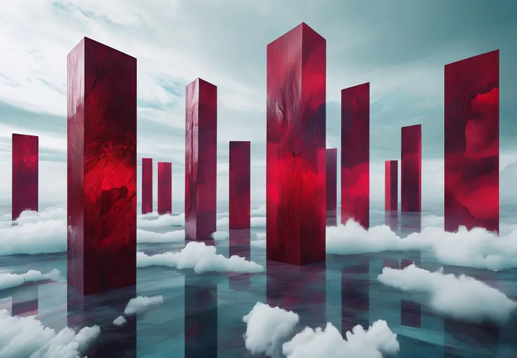 a surreal landscape with numerous tall, rectangular pillars that have a wooden crystal texture and a deep red color. These pillars, varying in height and densely packed, are emerging from white, fluffy clouds. The sky above is turquoise, providing a stark contrast with the red pillars. The scene gives an ethereal feel.