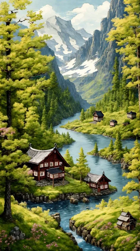 ((art by Yasushi Nirasawa )) In the heart of a verdant valley nestled between towering Nordic mountains lies the quaint Viking village of Hjördisfjord. The landscape is dotted with lush greenery, including sprawling forests, vibrant wildflowers, and rolling hills that cascade down towards the tranquil Lake Fimbulmer. The village is surrounded by a protective palisade made of interwoven logs and sharpened stakes, giving it a sense of safety amidst the rugged beauty of its surroundings. landscabe, background ,8k, ultrasharp, ultradetailed, perfect quality, masterpiece, intricated details, ultra clear, <lora:add_detail:0.7>, <hypernet:sxzBloom_sxzBloom:0.3>, vivid colors wallpaper
