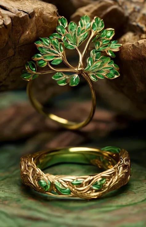 Hewn from the heartwood of an ancient emerald-hued tree, the ring showcases intricate leaf patterns inlaid with gold. This unique design conceals a tiny compartment within the band, capable of sprouting a miniature plant at the wearer's will. masterpiece, 8k, perfect quality , realistic,ultraclear detailed , detailed background <lora:add_detail:0.7>