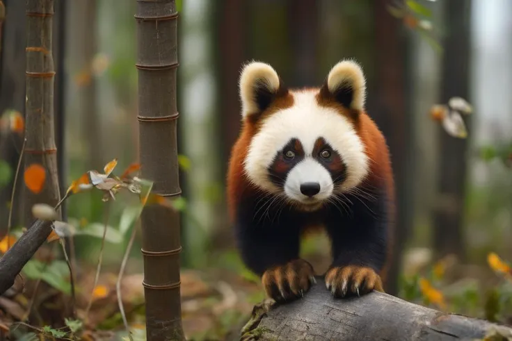 a professional shot of Red Panda (Ailurus fulgens) - Despite its name, this mammal is not actually related to giant pandas but rather belongs to its own family. It has reddish-brown fur, pointed ears, and a bushy tail. Its body size resembles that of a domestic cat, measuring about 24 inches long including the tail. The red panda's primary habitat is bamboo forests in southern China. in natural habbitat , detailed feathers, good proportions, masterpiece, ultrasharp, ultraclear, deatiled shadows photorealistic, PA7_Photo, raw photo, dynamic angle, dynamic pose , best quality, 8k wallpaper ,