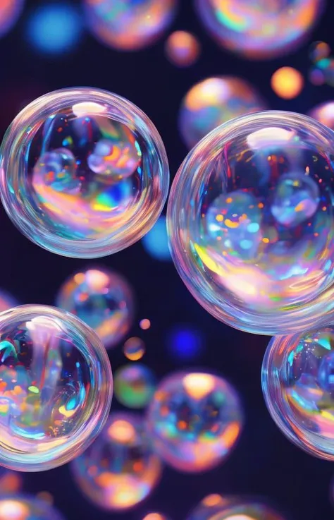 Soap Bubbles Reflecting Light: Close-up of soap bubbles reflecting light, creating a kaleidoscope of distorted colors and shapes. (macro, abstract, iridescent, reflective) masterpiece, 8k, perfect quality , realistic,ultraclear detailed , detailed background <lora:add_detail:0.7>