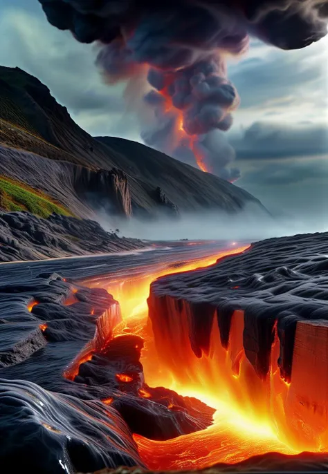 red_hot_lava_streams_flowing over rocks photo of ( (giant's causeway:1.5) | (several many multiple (lava flowing:1.5):1.3) over black rocks reaching the ocean molten lava red river) break hexagonal volcanic activity lava river steam, steam vent haze glowing edges beach rocky steam vapour multiple_lava flows in to the ocean smoke glow rivers flowing_downhill <lora:Add more_details:1> steam, drifting clouds. mist boiling water running pouring glowing radiating cracks dripping emissive sulfur vent steam texture detail river boulders pebbles basalt magma cracked broken chipped landslide flames rolling smoke lake pools splat eject yellow orange