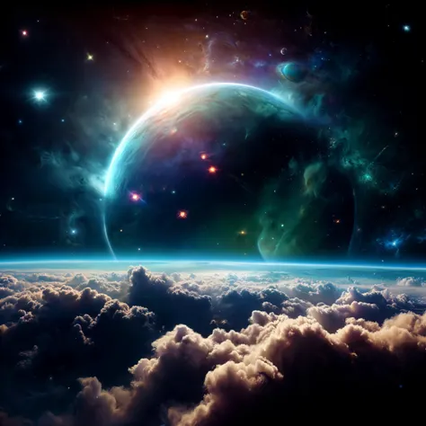 cosmic magnificence space planets orbits cosmos void galaxy astronomy multi iris lens flare sparkles gas clouds pillars of eternity ringed planet saturn atmosphere ice particles grooves dust lanes