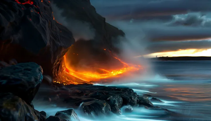 iceland red_hot_lava_streams_flowing over rocks photo of ( (giant's causeway:1.7) | (several many multiple (lava flowing:1.5):1.3) break over black rocks reaching the ocean molten lava red river) break hexagonal volcanic activity lava river steam, steam vent haze glowing edges beach rocky steam vapour multiple_lava flows in to the ocean smoke glow rivers flowing_downhill <lora:Add more_details:1> steam, drifting clouds. mist boiling water running pouring glowing radiating cracks dripping emissive sulfur vent steam texture detal river boulders pebbles basalt magma cracked broken chipped landslide flames rolling smoke lake pools splat eject yellow orange runny viscose Hawaii