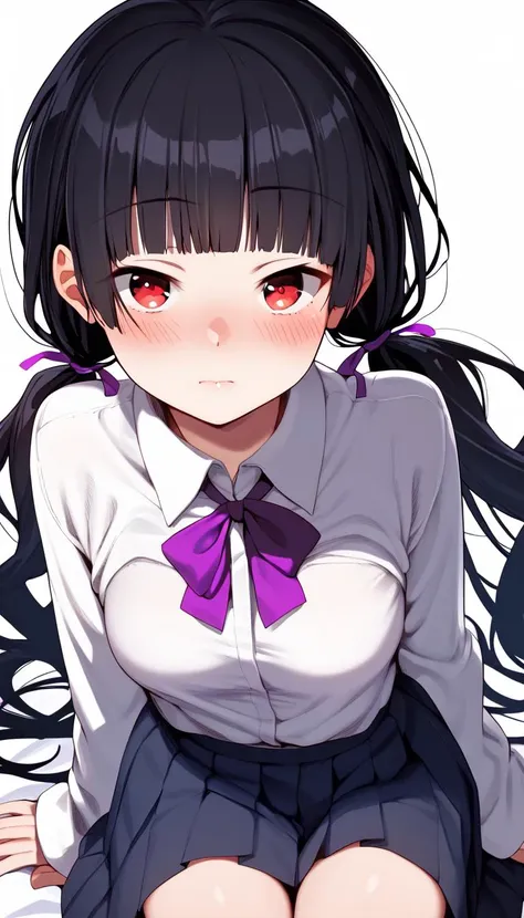 1girl, solo, skirt, twintails, black hair, long hair, shirt, red eyes, white shirt, bangs, looking at viewer, ribbon, pleated skirt, sitting, hair ribbon, blunt bangs, blush, black skirt, collared shirt, closed mouth, very long hair, purple ribbon, dress shirt, long sleeves, sidelocks, school uniform, yokozuwari, breasts, score_9, score_8_up, score_7_up, score_6_up, score_5_up, score_4_up,<lora:aya_style_pony_v1_s17823:0.9>