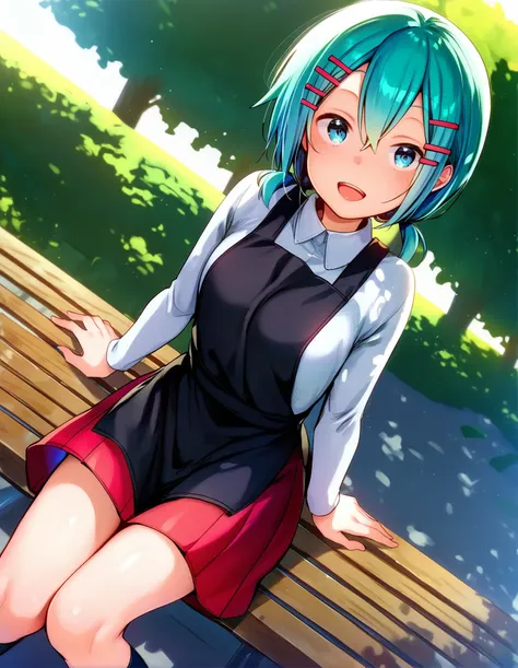 score_9, score_8_up, score_7_up, girl, a girl sitting on a park bench, dutch angle, looking at viewer, waitress, smile, (hatsune miku:0.8), black apron, red skirt, hairclip, white shirt, long sleeves,  <lora:aya_style_pony6_v2:1.2>, hair between eyes, short low twintails, open mouth,