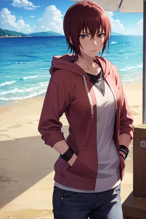 (best quality), (ultra-detailed), 1girl, solo, naruko \(naruto\), <lora:yokoshima:0.6>, naruko yokoshima, 1girl, beach, blue sky, brown eyes, cloud, cloudy sky, day, drawstring, hand in pocket, hand on hip, hood, hood down, hooded jacket, hooded sweater, hoodie, horizon, looking at viewer, ocean, outdoors, sand, shore, short hair, sky, solo, upper body, water, waves, light pink hoodie
