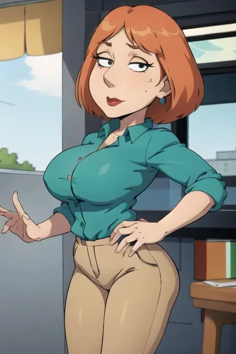 <lora:Lois_Griffin4:0.7> , lois griffin, busty, khaki pants, cowboy shot, seductive pose, cartoon