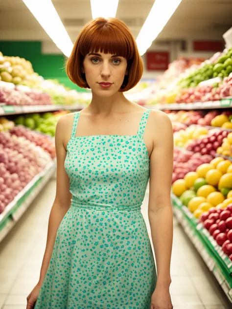 focused portrait photo of Lois Griffin wearing a cute floral pattern sundress, (prominent aquiline nose:1.25), (short hair), (she is standing in a grocery aisle at dusk), (detailed body) (detailed background), UHD color film still, intricate detail, ultra sharp focus dslr, (lomo lc-a 35mm) soft lighting, high quality, film grain <lora:loisGriffin_v10:0.8>