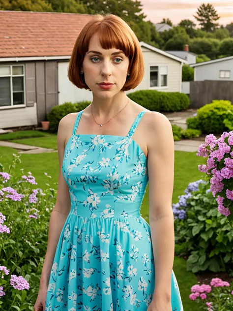 focused film still of Lois Griffin wearing a cute floral pattern sundress, (prominent aquiline nose:1.25), (short hair), (she is standing in a middle-class suburban yard in Rhode Island at dusk), (detailed body) (detailed background), UHD color film still, intricate detail, ultra sharp focus dslr, (Sony a7 III Mirrorless) soft lighting, high quality, film grain <lora:loisGriffin_v10:0.8>