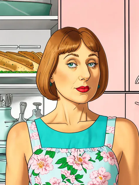 focused film still of Lois Griffin wearing a cute floral pattern sundress, (prominent aquiline nose:1.25), (short hair:0.5), (she is standing in an outdated middle-class kitchen at dusk), (detailed body) (detailed background), UHD color film still, intricate detail, ultra sharp focus dslr, (Nikon D850 50mm) soft lighting, high quality, film grain <lora:loisGriffin_v10:0.8>