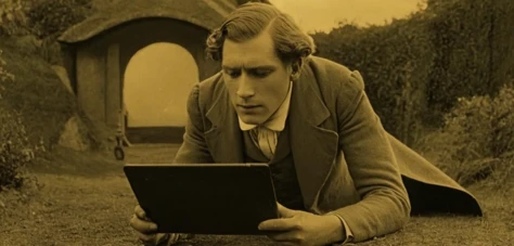  silent film,a man playing on ipad