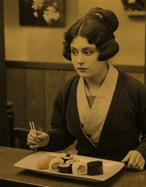  silent film,(full body:1.2), a woman eating sushi in a vegan restaurant