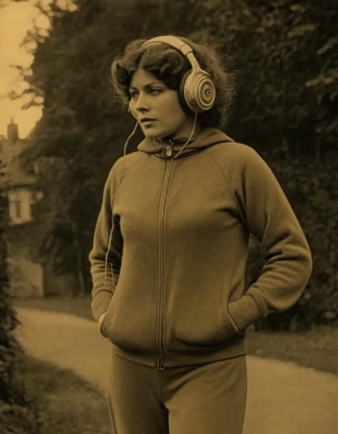 silent film,a woman wearing a track suit and headset