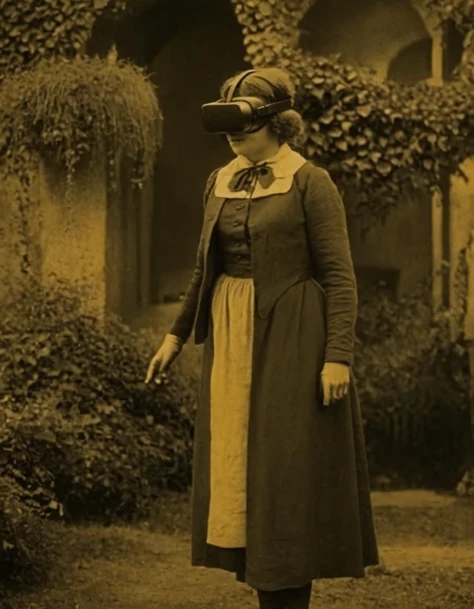  silent film,(full body:1.2), a woman wearing a VR headset