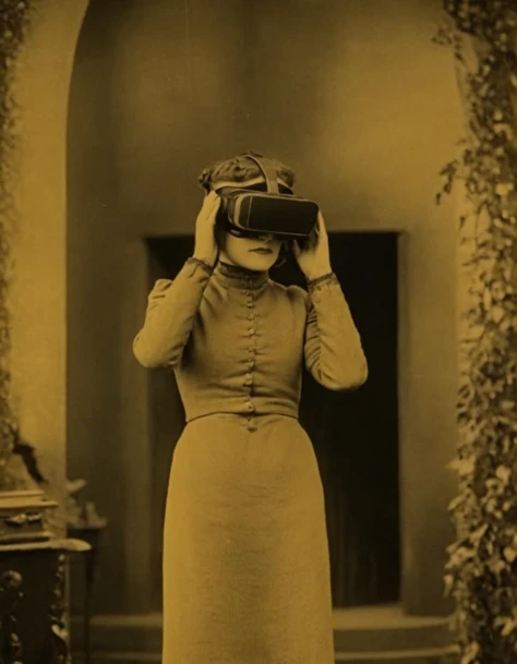  silent film,(full body:1.2), a woman wearing a VR headset