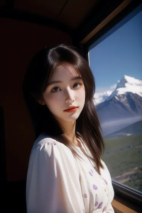 1girl, (photography art by David Sims:1.0) , fashion art, epic photograph, rich colors, dense field and cityscape, Golden ratio, Qajar Art [Nonchalant|Fantasy] ([The Lonely Island of Túna|The Swiss Alps]:1.3) from inside of a Kjeragbolten, Sunny, Simple and clean, Romantic, Sleepycore, short lighting, Slow Shutter Speed, Kodak UltraMax 400, F/8, Film grain, National Geographic, deep purple flakes, unreal engine, wallpaper, woman, RAW photo