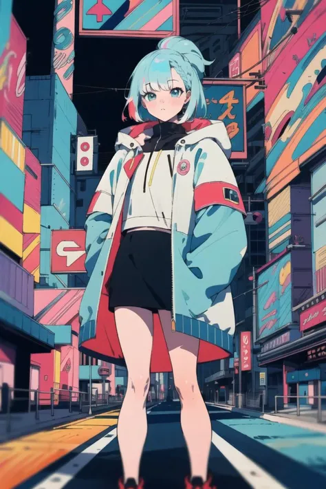 best quality, 4K wallpaper, masterpiece, extremely detailed CG unity 8k wallpaper, extremely detailed eyes, ultra-detailed, intricate details, 1girl,  <lora:KoboHolo:0.8>, Kobo, Multicolored hair, Aqua eyes, Jacket, character art style, neon_pop art style,  <lora:duoartstyle:0.8>, public, outdoors, road sign, city, colorful,