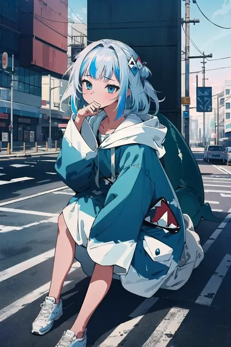 best quality, 4K wallpaper, masterpiece, extremely detailed CG unity 8k wallpaper, extremely detailed eyes, ultra-detailed, intricate details, 1girl, <lora:Gura:0.8>, gura, shark hair ornament, blue shark hoodie, tail, character art style, retro art style, <lora:duoartstyle:0.8>, public, outdoors, road sign, city, deep colored, sitting,