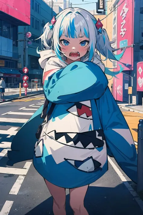 best quality, 4K wallpaper, masterpiece, extremely detailed CG unity 8k wallpaper, extremely detailed eyes, ultra-detailed, intricate details, 1girl, <lora:Gura:0.8>, gura, shark hair ornament, blue shark hoodie, character art style, neon_pop art style, <lora:duoartstyle:0.8>, public, outdoors, road sign, city, colorful,