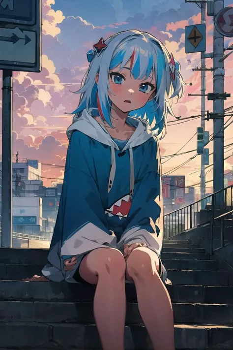 best quality, 4K wallpaper, masterpiece, extremely detailed CG unity 8k wallpaper, extremely detailed eyes, ultra-detailed, intricate details, 1girl, <lora:Gura:0.8>, gura, shark hair ornament, blue shark hoodie, character art style, retro art style, <lora:duoartstyle:0.8>, public, outdoors, road sign, city, sky, clouds, deep colored, sitting on the stairs, afternoon, sunset,