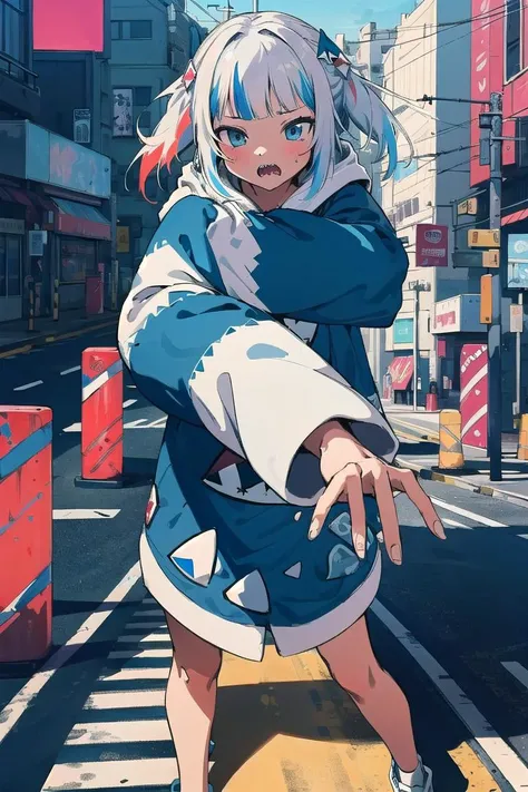 best quality, 4K wallpaper, masterpiece, extremely detailed CG unity 8k wallpaper, extremely detailed eyes, ultra-detailed, intricate details, 1girl, <lora:Gura:0.8>, gura, shark hair ornament, blue shark hoodie, character art style, neon_pop art style, <lora:duoartstyle:0.8>, public, outdoors, road sign, city, colorful,