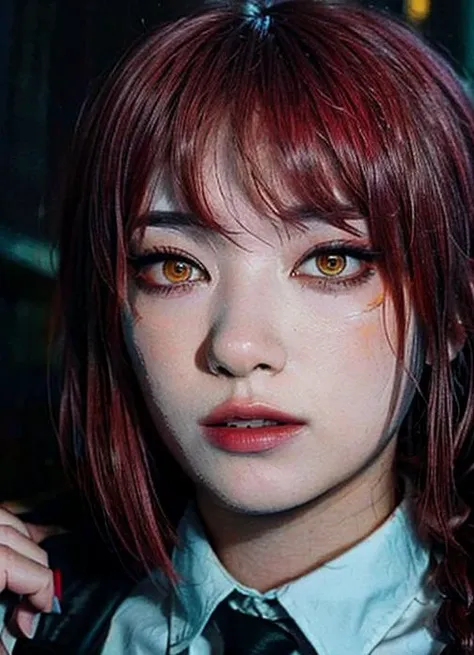 best quality,(8k, RAW photo, best quality, masterpiece), (realistic, photorealistic:1.2),hyper realism, shadow, fade, moonlight, , dramatic lighting, <lora:duoartstyle:1> retro art style, 
messy hair,   (eyeliner, black eyeshadow,  heavy eyeliner,  smug,  thin lips, lipstick, yellow eyes, red hair, makima \(chainsaw man\) 
<lora:add_detail:0.2>  <lora:FilmVelvia2:0.4>    <lora:Emiru_v1:1.2>   <lora:Makima:0.35>  <lora:makimav1W:0.9>
1girl, bangs, blood,single braid, flower, looking at viewer, makima \(chainsaw man\), necktie, night, night sky, pink flower, red hair, cloudy sky, solo, star , starry sky, white flower, yellow eyes, window, water drops, big city , city lights,